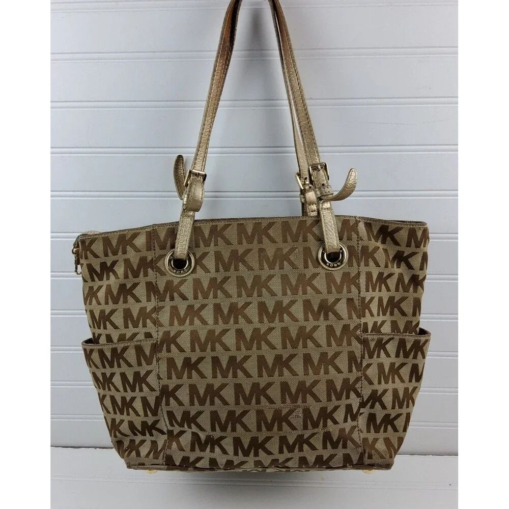 Michael Kors MK Signature Tote Shoulder Handbag Purse Brown